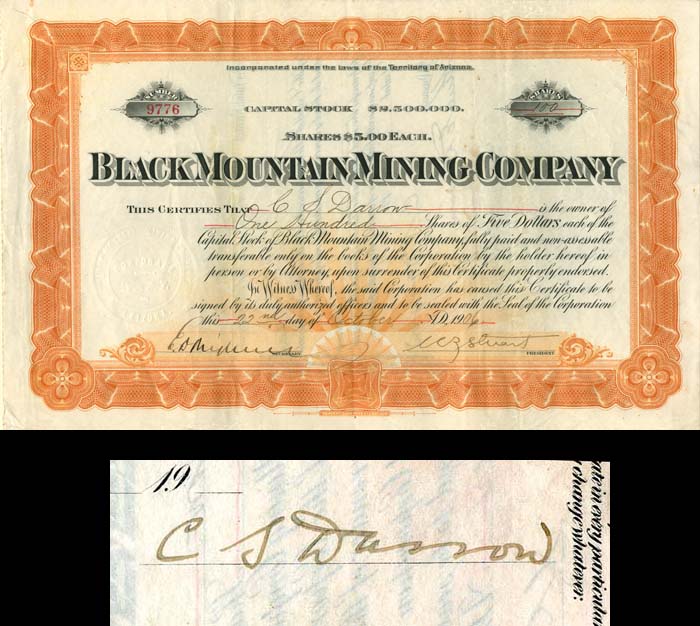 Black Mountain Mining Co. Issued to and Signed by Clarence S. Darrow - Autograph Stock Certificate